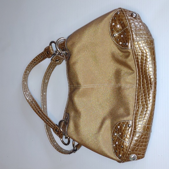 🐰☮VINTAGE☮ KATHY VAN ZEELAND Gold Fabric/Croc Leather Hobo - Picture 6 of 13